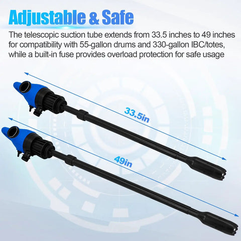 Built Tough 55 Gallon Electric Drum Pump Moves Diesel And Def Fluid Quick With 120 Volt Ac Or 12 Volt Dc No Sweat Dual Voltage Barrel Rig showing adjustable 33.5-49 inch telescopic tube.