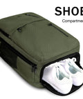 Green Carry On Travel Laptop Backpack For Airlines Personal Item With Shoe Compartment Water Resistant Weekender Overnight Bag That Fits A 17 Inch Laptop Under Seat showing shoe compartment with white sneakers.