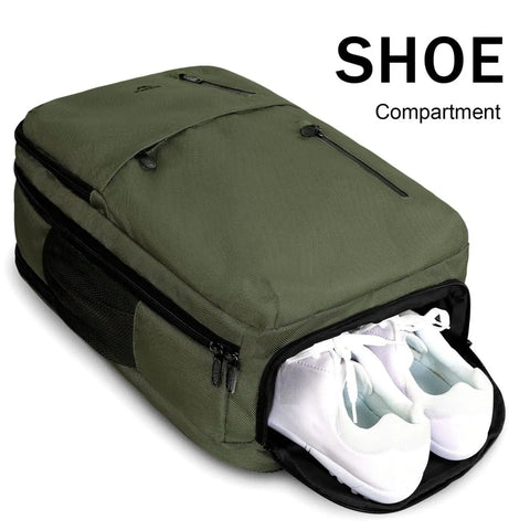 Green Carry On Travel Laptop Backpack For Airlines Personal Item With Shoe Compartment Water Resistant Weekender Overnight Bag That Fits A 17 Inch Laptop Under Seat showing shoe compartment with white sneakers.