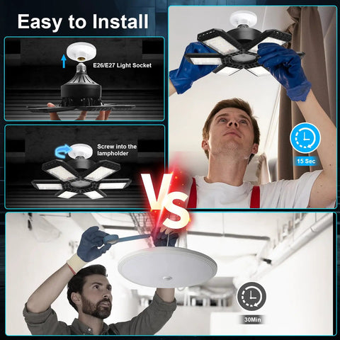 4 Pack Ultra Bright LED Garage Lights 28,000 Lumens With 6 Plus 1 Deformable Panels 6500K Cool White E26 Screw In Bulbs Installation Comparison