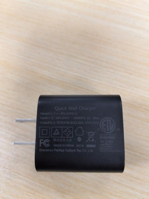 Close-up of black 20W PD adapter for Two Coil Fast Wireless Charger Stand With 20W PD Adapter Included For IPhone 17 Pro Max 17 16 15 14 13 And Samsung Galaxy S21 To S26 Desk Dock For Quick Case Friendly Charging showing specifications