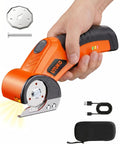 Cordless Cardboard Cutter With 800 RPM Brushless Motor in hand, showing accessories like blade, USB cable, and case