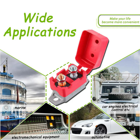 Built Tough 50A Automatic Reset Circuit Breaker Set For Cars Trucks And Battery Chargers With Secure Cover and Mounting Studs in red housing.