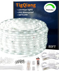Lit 40Ft LED Rope Lights Dimmable Indoor Outdoor Waterproof 6000K Daylight White in packaging with connectors and accessories.