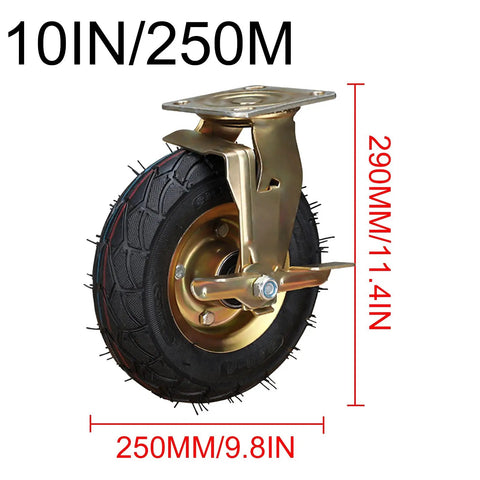 Heavy Duty Pneumatic Caster Wheels Set Of 4 With Brake And Swivel Options 10 Inch rubber tire with steel mounting bracket.