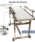 Beefy Stainless Steel PVC Flat Belt Conveyor With Adjustable Speed And Double Guardrails For Industrial Transport, 53.15 Inch Long By 15.7 Inch Wide, 120W Motor And 55 Lb Load Capacity, shown with adjustable guardrails.