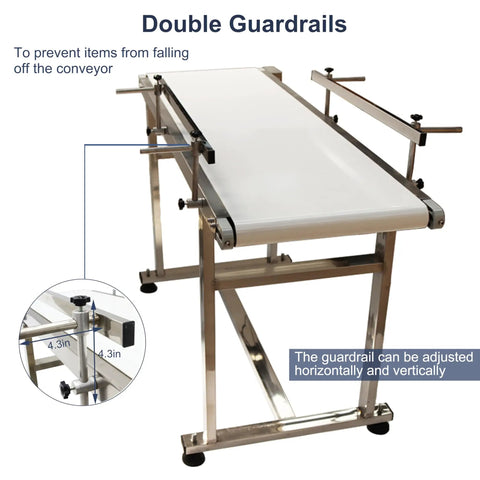 Beefy Stainless Steel PVC Flat Belt Conveyor With Adjustable Speed And Double Guardrails For Industrial Transport, 53.15 Inch Long By 15.7 Inch Wide, 120W Motor And 55 Lb Load Capacity, shown with adjustable guardrails.