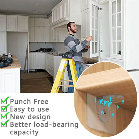 Built Tough 20 Pack Plastic Shelf Support Pegs Featuring Reliable Self Adhesive Mounting Pins For Kitchen Cabinets Closet Dividers And Bookshelf Organizers That Hold Your Stuff Solid As A Rock in use, man installing cabinets.