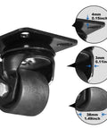 Close-up of 2-Inch Plate Swivel Caster Wheels Set Of 4 Heavy Duty Load Capacity 2200 Lbs With Brake Center Of Gravity Nylon Wheels, dimensions shown.