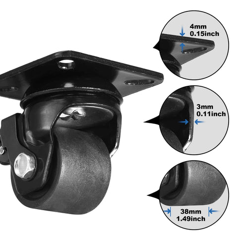 Close-up of 2-Inch Plate Swivel Caster Wheels Set Of 4 Heavy Duty Load Capacity 2200 Lbs With Brake Center Of Gravity Nylon Wheels, dimensions shown.