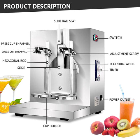Pro Grade Stainless Steel Electric Milk Tea Shaker Machine With Dual Cup Auto Shake System and Hassle Free Rotation Timer, showing control features.