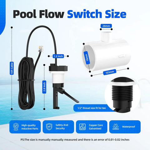 Flow Switch GLX-FLO-RP For Hayward Goldline Aquarite Salt System Pool Flow Sensor With Tee And 15ft Cable Aqua Rite Compatible Salt Cell Assembly For Easy DIY Pool Upgrades, 15ft cable and 1/2" tee threads