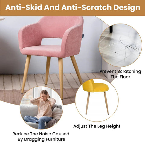 Pink chair illustrating anti-skid and anti-scratch design with circles showing leg glide, floor protection, and noise reduction features.