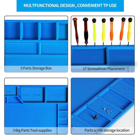 Close-up of blue Large Soldering Mat Heat Resistant Silicone Work Pad with storage sections and tool slots