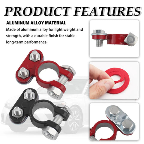 Heavy Duty Car Battery Terminals Including Positive And Negative Connectors For Rock Solid Connections Compatible With Trucks Boats And Daily Rides, featuring aluminum alloy material and fiber washers.