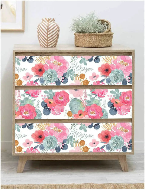 Removable Peel And Stick Floral Wallpaper With Cactus Pink Navy Pattern Easy Stick And Go on dresser drawers