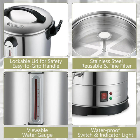 Heavy Duty 24L Stainless Steel Coffee Urn Dispenser Holds 160 Cups Dual Layer Warmer For Catering Church Restaurant Office