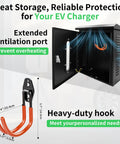 Outdoor EV Charger Lock Box Hella Secure Storage Enclosure Featuring A Crystal Clear Viewable Window For Tesla Wall Connectors And Universal Electric Vehicle Plugs Weatherproof Dope Cover showing inside with ventilation port and heavy-duty hook.