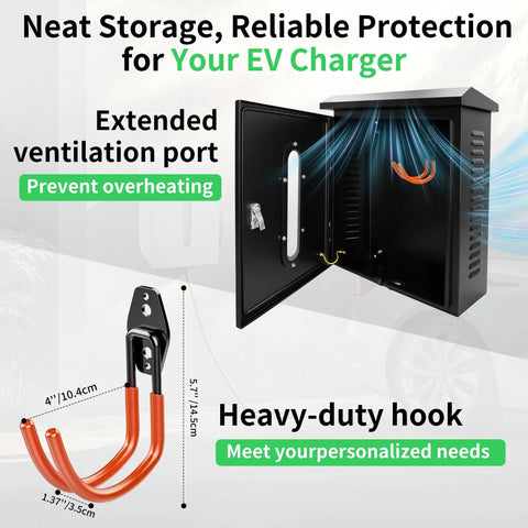 Outdoor EV Charger Lock Box Hella Secure Storage Enclosure Featuring A Crystal Clear Viewable Window For Tesla Wall Connectors And Universal Electric Vehicle Plugs Weatherproof Dope Cover showing inside with ventilation port and heavy-duty hook.