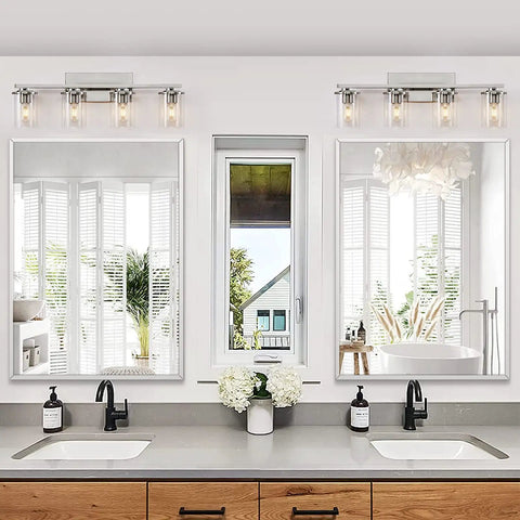 Brushed Nickel Vanity Light Fixtures For Modern Bathrooms With Clear Glass Shades Four Light E26 Standard Socket Sleek Minimalist