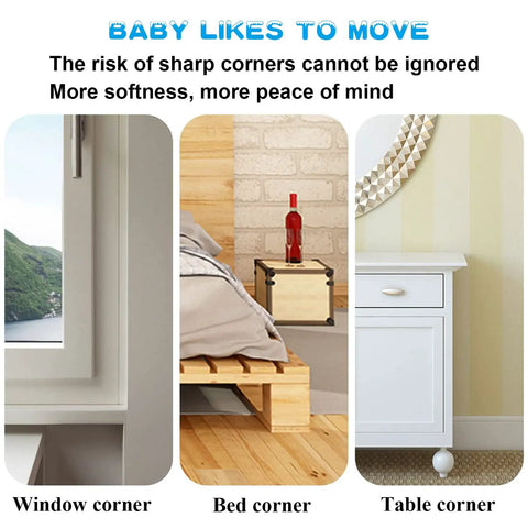 Baby Proofing Game Changer 16 Pack Clear Corner Protectors shown at window, bed, and table corners for safety.