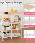 Slick 4 Tier Rolling Kitchen Island Cart With Dreamy White Wood Top And Slatted Metal Storage Shelves Hella Spacious Coffee Bar Cabinet For Dining Room Pantry Office Featuring Smooth Locking Casters And Sturdy Side Hooks with fruits and kitchen items.