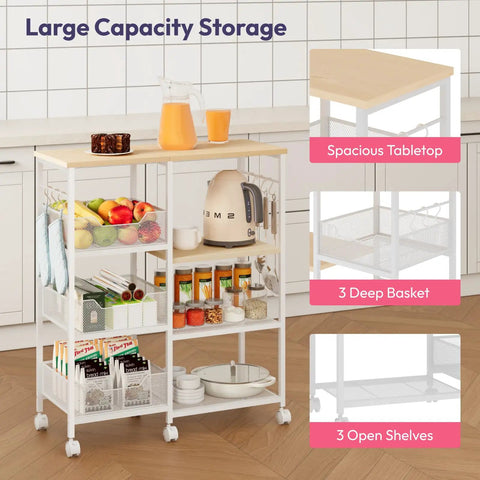 Slick 4 Tier Rolling Kitchen Island Cart With Dreamy White Wood Top And Slatted Metal Storage Shelves Hella Spacious Coffee Bar Cabinet For Dining Room Pantry Office Featuring Smooth Locking Casters And Sturdy Side Hooks with fruits and kitchen items.