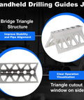 A handheld pipe drill jig that centers the bit on pipes and cylinders, prevents wandering, with a bridge triangle structure for stability.