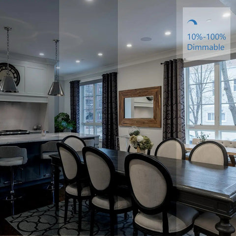 Interior view of a dining room featuring Jolux 6 Pack 5/6 Inch 5CCT LED Can Light Gimbal Retrofit Downlight with dimmable features.