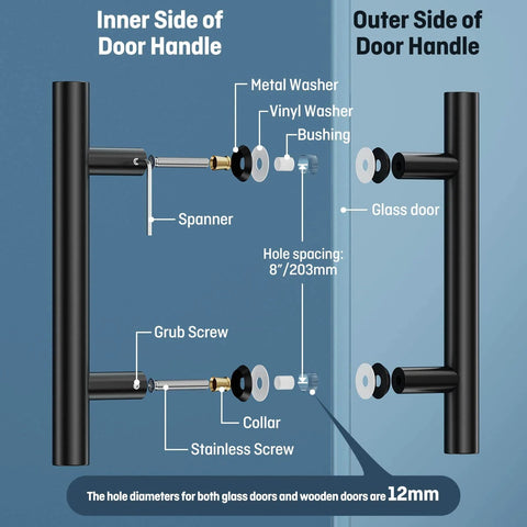 Diagram of Beefy Stainless Steel Back To Back Shower Door Handle For Glass And Barn Doors 12 Inch Length Double Sided Push Pull 304 Stainless Steel