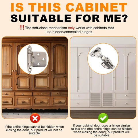 Image comparing cabinet hinges for suitability with 10 Pack Heavy Duty Soft Close Cabinet Hinges With Strong Grip Adhesive Tape.