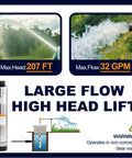 Front view of Wassermann 4-inch bottom-suction submersible pump; stainless steel with 33 ft cable, 1HP, 115V.