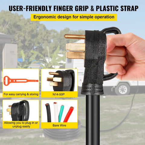 Rock Solid 25 Foot 50 Amp Generator Extension Cord With Nema 14 50P To Raw End Wire for easy portability and ergonomic grip.