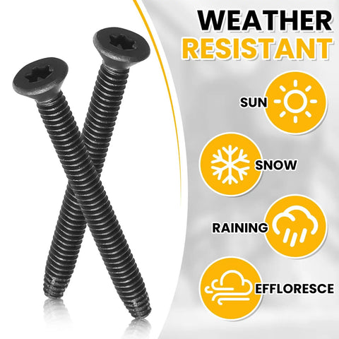 Two black 200 Pcs 1/4-20 x 2-1/2 self-tapping trailer deck screws with flat heads and star drive T-30 for wood to metal.