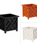 Lattice Design Planter Box Two Pack 14.75 Inch Square Outdoor Plant Pots For Flowers Or Plants Farmhouse Style Deck Ready Front Porch Patio Garden Decor Black, orange, and white color options.