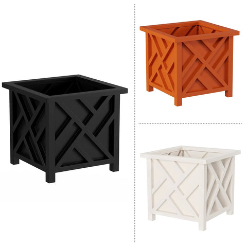 Lattice Design Planter Box Two Pack 14.75 Inch Square Outdoor Plant Pots For Flowers Or Plants Farmhouse Style Deck Ready Front Porch Patio Garden Decor Black, orange, and white color options.