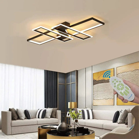 35 Inch Remote Dimmable LED Ceiling Light Fixture in modern living room with remote control, white frame, silicone resin aluminum.