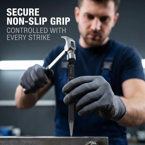 Built Like A Tank High Carbon Steel Center Punch Set 3 Piece Black Hand Tools with Sure Grip for precise marking in use.