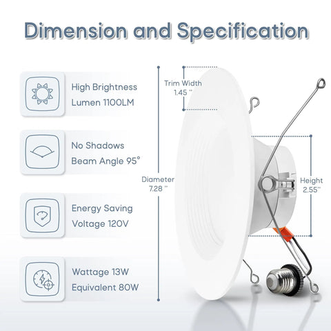 Image of 6 Inch Smart LED Recessed Lights 4 Pack 13W 1100LM Retrofit Can Lights RGBCW Color Changing Dimmable Downlights dimensions.