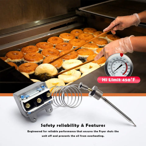 High Limit Fryer Switch LCCM2003000 Replacement for ATOSA 301030005 Gas Fryer connected to fryer with donuts