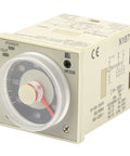 Front view of Eight Pin Time Relay for Industrial Automation with 1.2S to 300H delay, plug and play knob adjustable control, in beige casing.