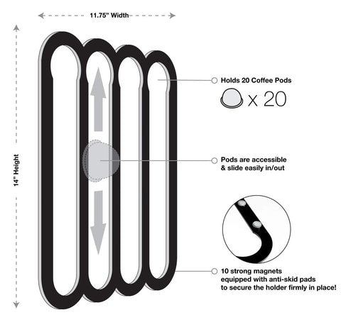 Magnetic Coffee Pod Holder for Nespresso Vertuo Capsules Mounts on Fridge Door or Side, holds 20 pods, 14x11.75 inches, side view