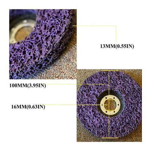 Close-up of Poly Strip Grinding Disc For Angle Grinders 100 115 125mm Rust Removal And Surface Polishing dimensions shown