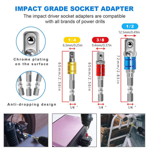 Image showing impact grade socket adapters with chrome plating and anti-dropping design from Flexible Drill Bit Extension Set All In One 19 Pieces.