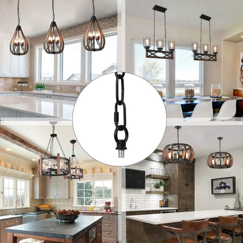 Beefy 19Ft Black Chain For Pendant Lights And Ceiling Fixtures, Extra Chain For High Ceilings shown with various light fixtures.