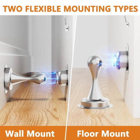 Two Pack Magnetic Door Stop For Bottom Of Doors With Stainless Steel Construction, Wall Or Floor Mount, No Drilling, Silver Finish