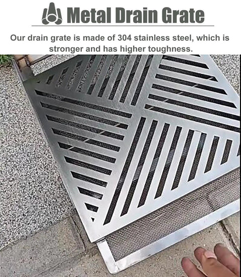 Rock Solid Stainless Steel Trench Drain Cover With Heavy Duty Perforated Mesh And Reinforced Base For Outdoor Deck showcasing the metal drain grate.