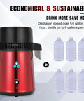 All-In-One Countertop Water Distiller With 304 Stainless Steel Tank And Glass Jar 1 Gallon Capacity 750W On Off Switch, red unit with water bottles