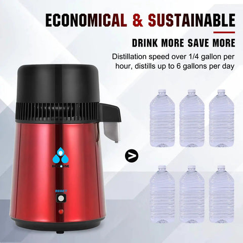 All-In-One Countertop Water Distiller With 304 Stainless Steel Tank And Glass Jar 1 Gallon Capacity 750W On Off Switch, red unit with water bottles