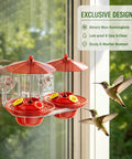 Window Mounted Hummingbird Feeder With Strong Suction Cups Bee Proof Ports Ant Moat And Dual Sun Shades installed on glass window.